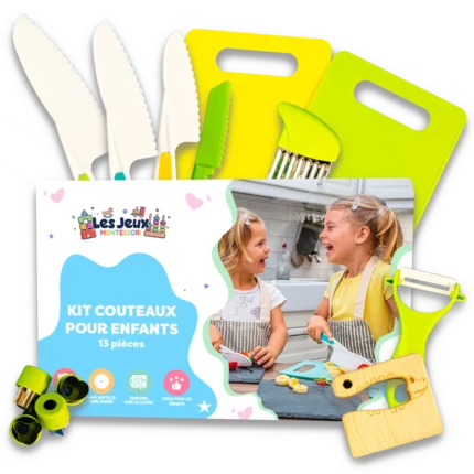 Couteau Enfant - Ensemble de Cuisine 13 pièces, adapté aux enfants à partir de 2 ans, comprend un ensemble de couteaux de cuisine pour enfants avec divers outils tels qu'un couteau enfant, un éplucheur, une planche à découper et un protège-doigts. L'emballage représente deux enfants souriants en train de cuisiner ensemble.