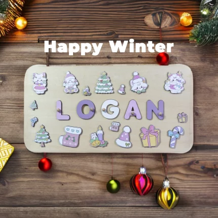 A wooden board with the word merry winter on it.