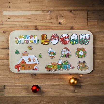 A wooden board with Christmas decorations on it.