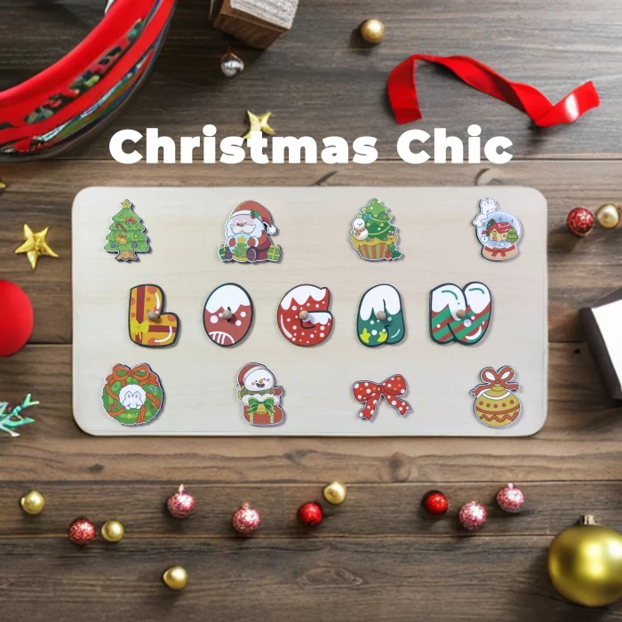 Un puzzle de Noël chic sur une table avec des ornements et des décorations.