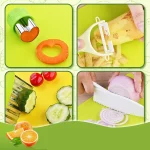 Eine Reihe von Fotos, die die effektive Verwendung des Kindermessers - Set aus 8 Küchenwerkzeugen - demonstrieren.