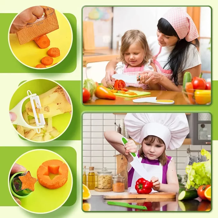 A child using the Child Knife - Set of 8 kitchen tools for cutting vegetables with the help of kitchen tools.