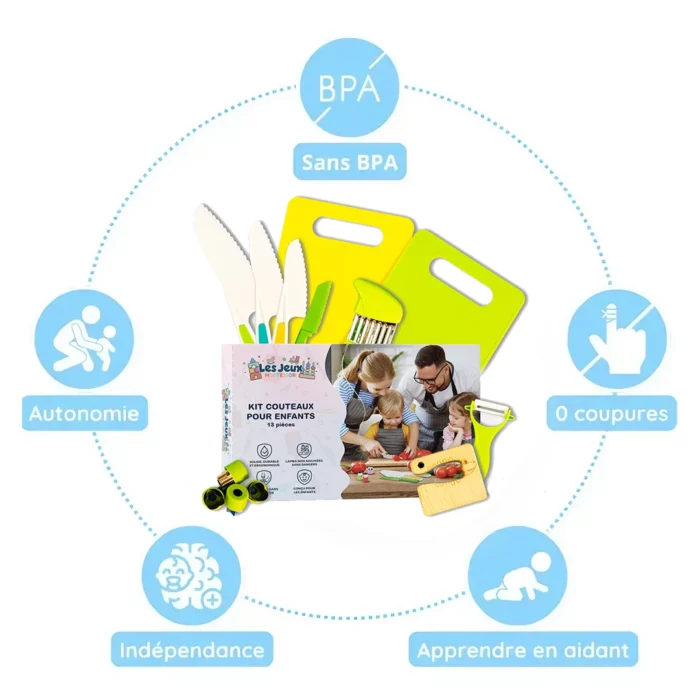 Le Couteaux Enfant - Kit de Cuisine 13 pièces comprend des ustensiles et des planches à découper sans BPA, favorisant l'autonomie et l'indépendance des enfants tout en assurant une expérience d'apprentissage sécuritaire sans coupures.