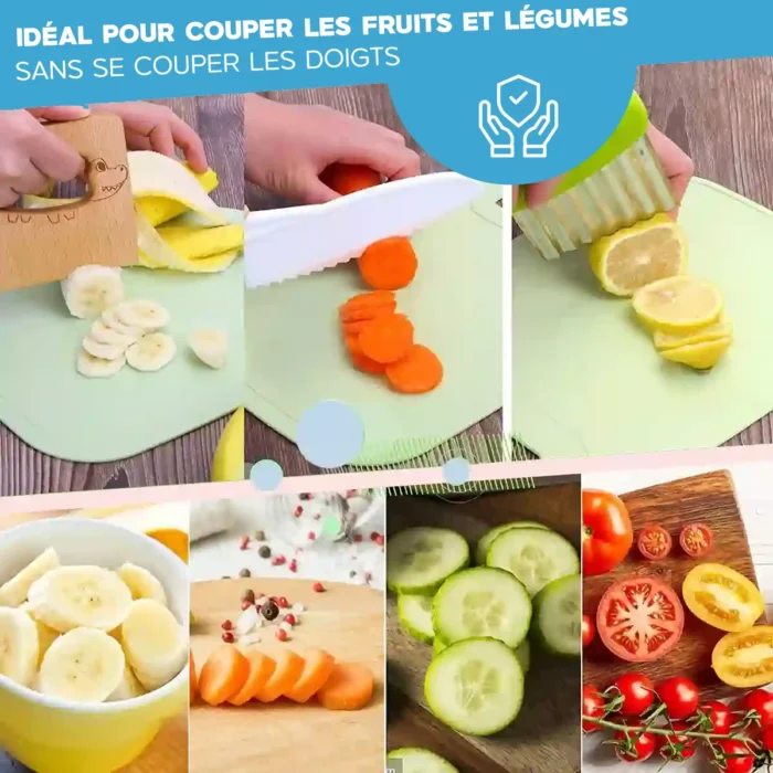 Divers fruits et légumes tranchés avec différents ustensiles de cuisine. Texte : "Idéal pour couper les fruits et légumes sans se couper les doigts, même avec le Couteau Enfant - Ensemble de Cuisine 13 pièces - dès 2 ans" ("Idéal pour couper les fruits et légumes sans se couper les doigts, même avec les enfants " Couteau - Ensemble de cuisine 13 pièces - 2 ans et plus").