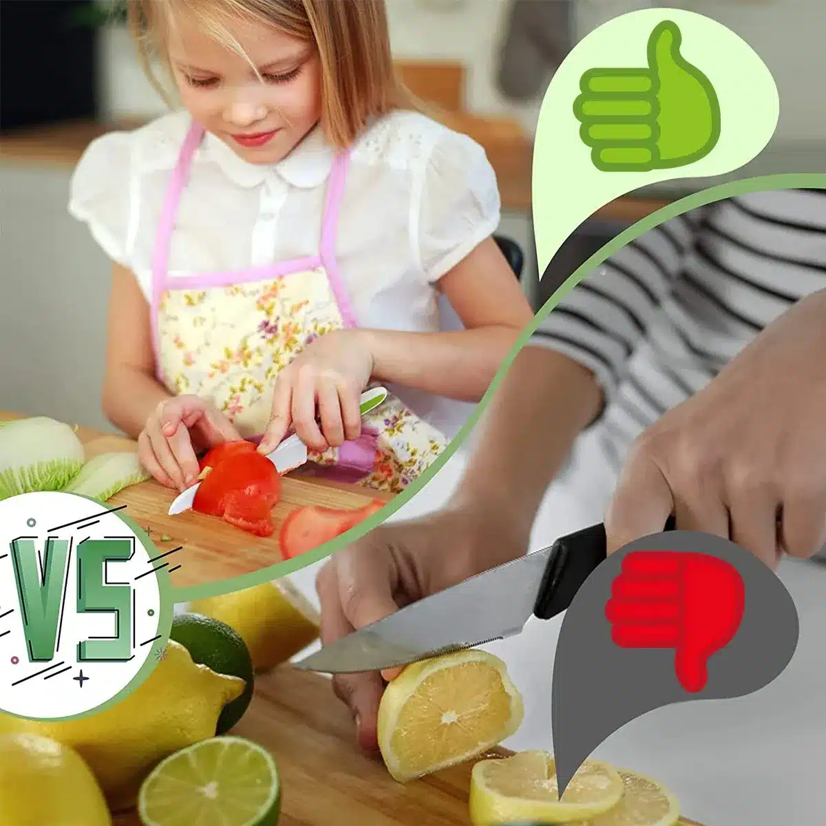 Ein Mädchen benutzt das Kindermesser - Set aus 13 kinderfreundlichen Küchenwerkzeugen, um Gemüse auf einem Schneidebrett zu zerkleinern.