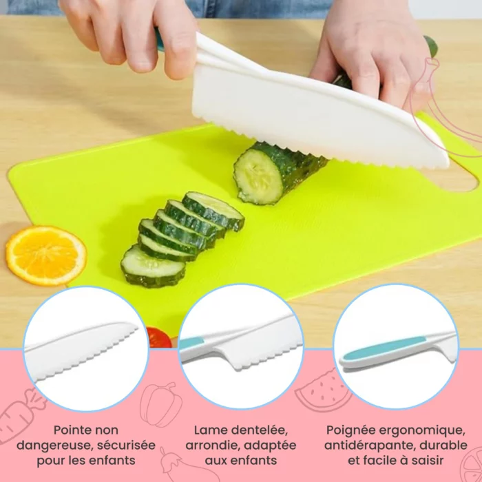 Une personne coupe un concombre avec un couteau blanc du "Couteaux Enfant - Kit de Cuisine Montessori 13 pièces" sur une planche à découper jaune ; trois encarts présentent les caractéristiques du couteau et le texte français.