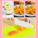 Un collage présente des tranches de pomme, des quartiers d'orange sur des assiettes et des mains coupant une carotte avec les Couteaux Enfant - Kit de Cuisine Montessori 13 pièces sur une planche à découper jaune.