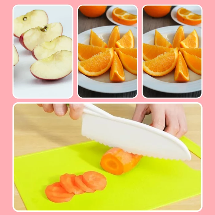 Un collage présente des tranches de pomme, des quartiers d'orange sur des assiettes et des mains coupant une carotte avec les Couteaux Enfant - Kit de Cuisine Montessori 13 pièces sur une planche à découper jaune.