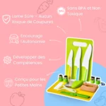 Couteaux Enfant - Kit de Cuisine Montessori 13 pièces : Coffret d'ustensiles de cuisine pour enfant vert et blanc avec couteaux, éplucheurs et accessoires sur support. Le design français privilégie la sécurité et la facilité d'utilisation pour les jeunes chefs.