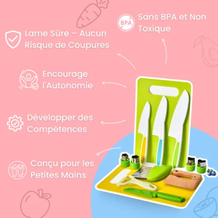 Couteaux Enfant - Kit de Cuisine Montessori 13 pièces : Coffret d'ustensiles de cuisine pour enfant vert et blanc avec couteaux, éplucheurs et accessoires sur support. Le design français privilégie la sécurité et la facilité d'utilisation pour les jeunes chefs.