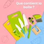 Le "Couteaux Enfant - Kit de Cuisine Montessori 13 pièces" comprend un couteau enfant, deux planches à découper, quatre couteaux, un éplucheur, un coupe-froissement et d'autres petits ustensiles sur un fond coloré. Texte : « Que contient la boîte ?.