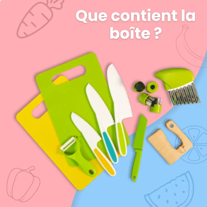 Le "Couteaux Enfant - Kit de Cuisine Montessori 13 pièces" comprend un couteau enfant, deux planches à découper, quatre couteaux, un éplucheur, un coupe-froissement et d'autres petits ustensiles sur un fond coloré. Texte : « Que contient la boîte ?.