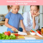 Une femme et une jeune fille coupent des légumes ensemble dans la cuisine, montrant comment le Couteaux Enfant - Kit de Cuisine Montessori 13 pièces aide à enseigner aux enfants la responsabilité grâce à des activités de cuisine sûres et pratiques.