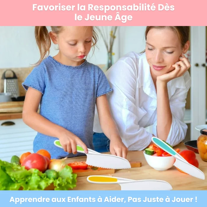 Une femme et une jeune fille coupent des légumes ensemble dans la cuisine, montrant comment le Couteaux Enfant - Kit de Cuisine Montessori 13 pièces aide à enseigner aux enfants la responsabilité grâce à des activités de cuisine sûres et pratiques.