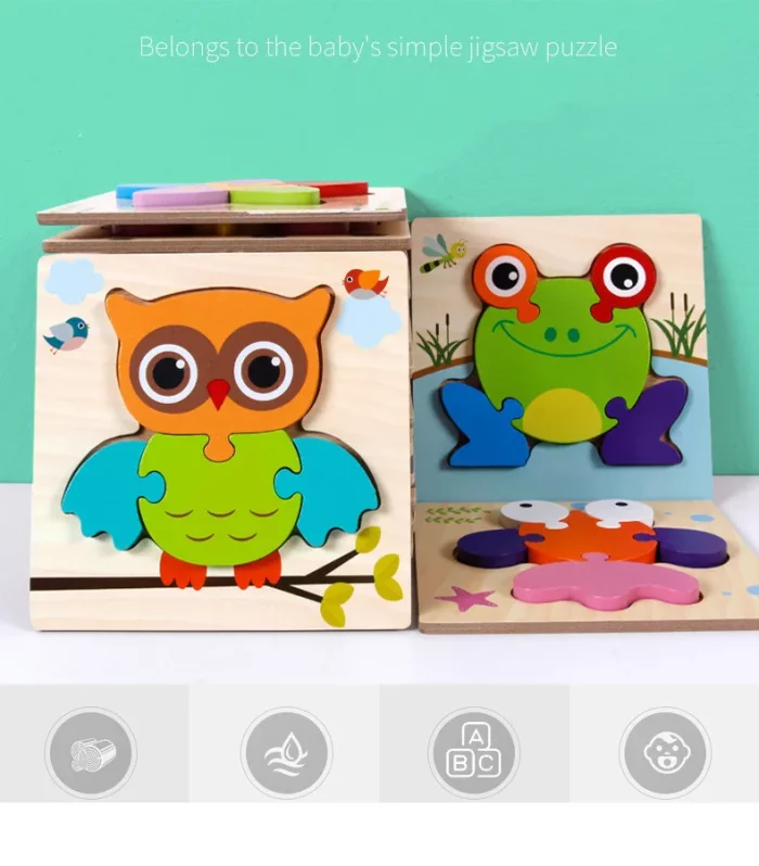 Un ensemble de puzzles en bois avec des hiboux et des grenouilles.