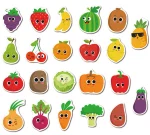 Un ensemble d'autocollants avec des visages de différents fruits et légumes.