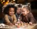 Trois jeunes enfants jouant avec des jouets en bois à une table.