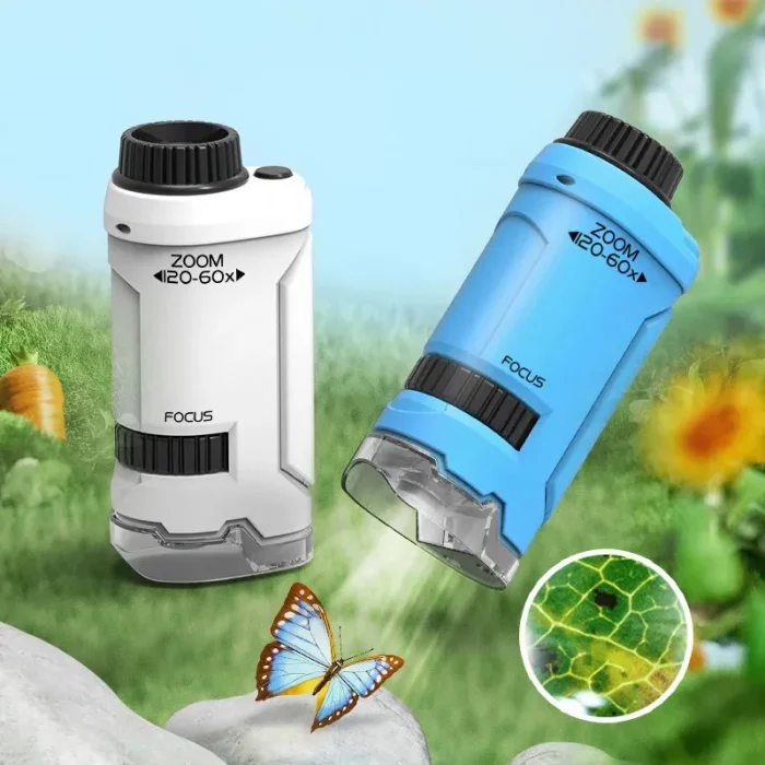 Un microscope de Poche pour Enfant - Portable - Grossis jusqu'à 120x avec un papillon dessus.