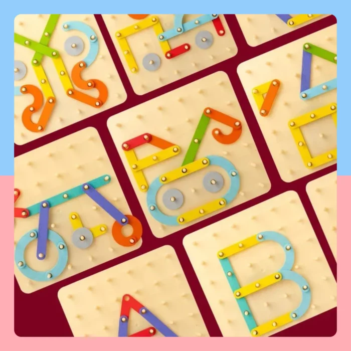 Tuiles carrées aux formes géométriques et lettres réalisées à partir de tiges et de vis colorées, disposées en grille sur fond rouge - un « Jeu de construction Montessori à forme variable - Image à copier » engageant pour un apprentissage pratique des concepts d'image et de forme.