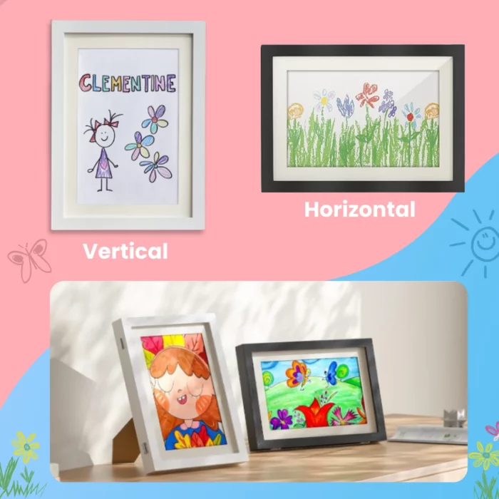 Le cadre pour dessins d'enfant (A4) expose 2 œuvres : une verticalement et une horizontalement, chacune étiquetée selon l'orientation, sur un fond coloré avec des doodles. Stockez et présentez jusqu'à 150 dessins !.