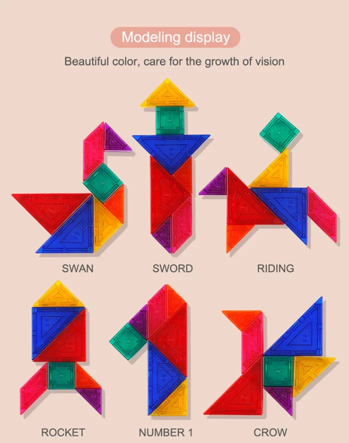 Un affichage coloré de différentes formes et couleurs dans un Tangram Magnétique.