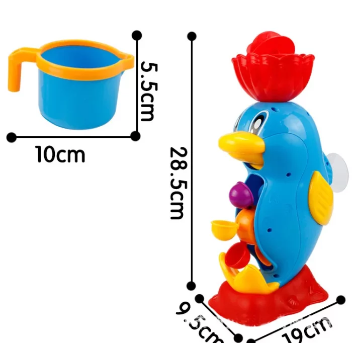 Un oiseau Jouet de Bain Déversoir à accrocher à la baignoire bleu avec une tasse et un ruban à mesurer.