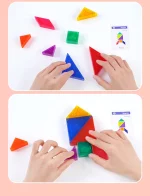 Un ensemble d'images d'un enfant jouant avec différentes formes colorées du Tangram Magnétique.