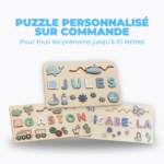 Deux puzzles de noms en bois personnalisés avec des formes et des thèmes variés. Le texte ci-dessus indique "Puzzle Personnalisé Prénom en Bois - Un souvenir unique" et ci-dessous "Pour tous les prénoms jusqu'à 10 lettres" en français. Chaque puzzle constitue un délicieux souvenir parfait pour tout Prénom en Bois.