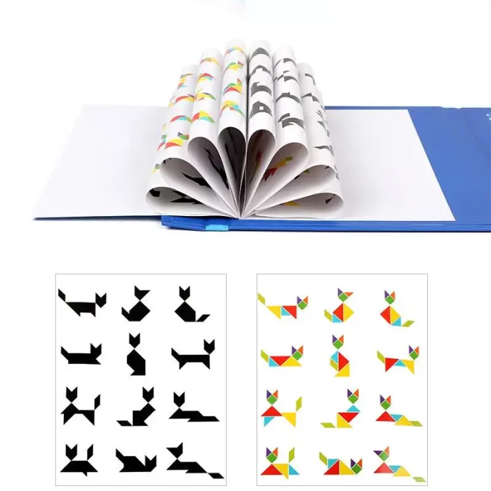 Un Livre Puzzle Tangram Magnétique avec un ensemble d'animaux colorés dessus.