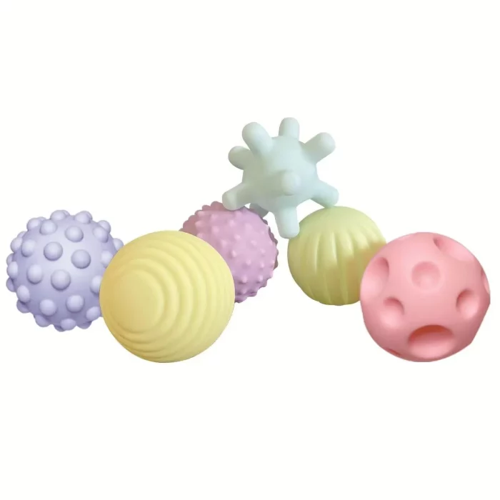 Une collection de Set de 6 boules sensorielles pour bébés - Texturées colorées et texturées.