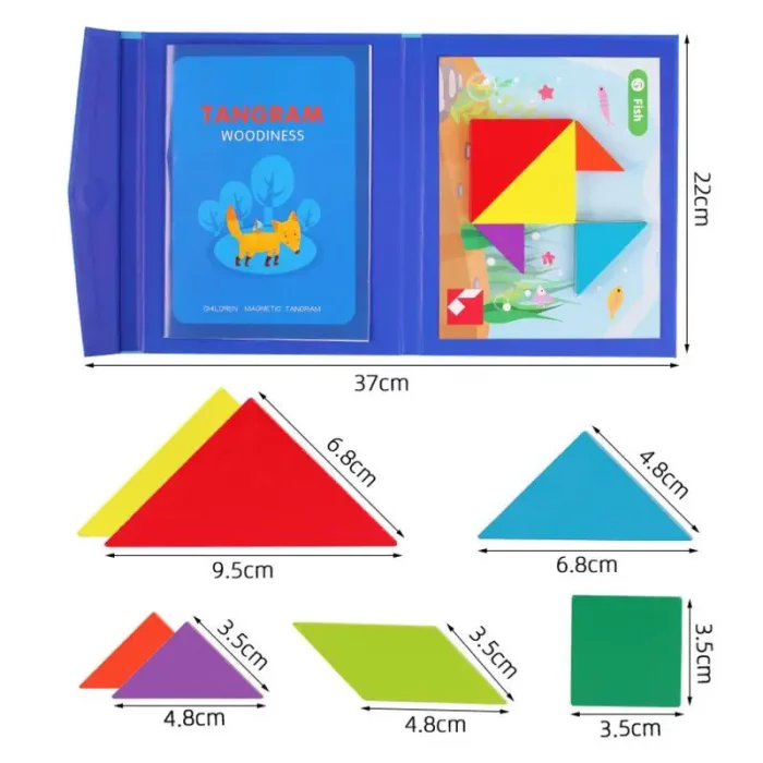 Un ensemble de différentes formes et couleurs dans un Livre Puzzle Tangram Magnétique.