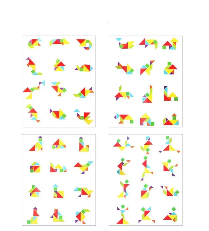 Un ensemble de formes géométriques colorées issues d'un Livre Puzzle Tangram Magnétique sur une feuille de papier.