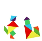 Deux formes d'origami colorées sur fond blanc deviennent un Livre Puzzle Tangram Magnétique.