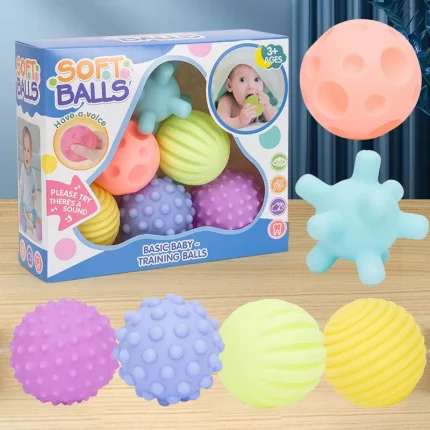 Set de 6 boules sensorielles pour bébés - Texturées de textures variées conçues pour le jeu et l'entraînement sensoriel des bébés, présentées avec emballage.