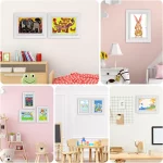 Un cadre pour dessins d'enfants A4 affiche trois intérieurs de chambre d'enfant différents, chacun orné d'œuvres d'art colorées et de décorations ludiques.