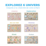 Il y a six planches d'activités thématiques pour enfants étiquetées "Charlie" : Licorne, Exploration, Arc-en-Ciel, Violette, Kaki et Océan. Chaque planche présente des formes et des couleurs associées pour stimuler la créativité. Ce souvenir unique comprend également le nom de votre enfant en bois pour une touche personnalisée avec le Puzzle Personnalisé Prénom en Bois - Un souvenir unique.