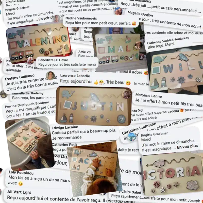 Un collage de plaques nominatives personnalisées, réalisées avec des motifs de puzzle complexes, aux côtés d'animaux et de véhicules, entourés de commentaires sur les réseaux sociaux exprimant leur appréciation pour les articles.