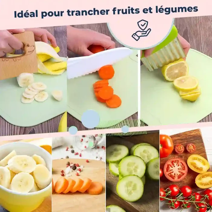Un collage démontrant l'utilisation d'un couteau de cuisine pour trancher divers fruits et légumes, notamment des bananes, des carottes, des citrons et des concombres, conçu dans le style d'un dessin d'enfant.