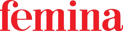 Logo rouge et blanc de "femina" avec une pomme stylisée comme point sur la lettre "i".
