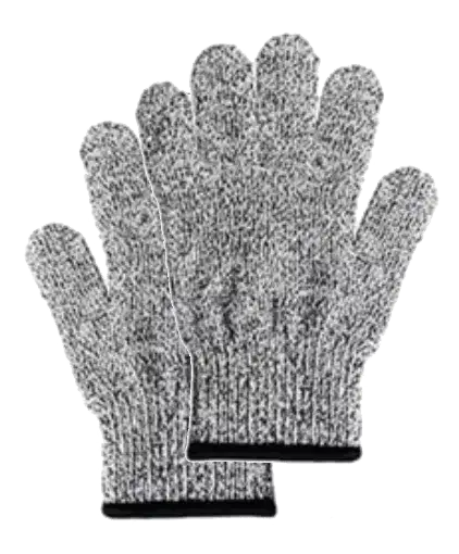 Une paire de gants en tricot gris avec bordure noire aux poignets, disposés côte à côte sur fond blanc, parfaits pour garder les petites mains au chaud après une journée amusante d'apprentissage avec les couteaux des enfants.