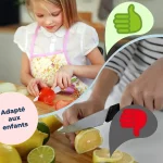 Collage représentant un enfant coupant des légumes en toute sécurité avec le texte « adapté aux enfants » et un adulte coupant des citrons, juxtaposés à des icônes de pouces vers le haut et vers le bas dans des cadres de dessin.