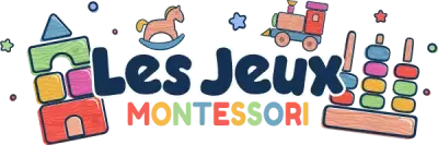 Logo pour "Les Jeux Montessori" comportant des illustrations colorées et ludiques de jouets tels qu'un cheval à bascule, un train et une pile d'anneaux.