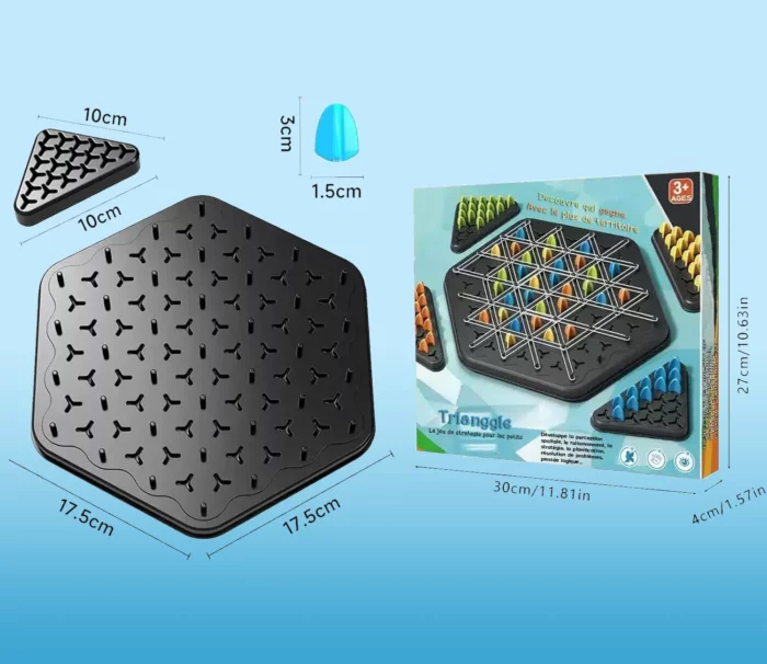 Un panneau hexagonal avec des pièces et un emballage pour un jeu pour enfant de 3 ans et plus, rappelant le jeu de stratégie appelé Trianggle. Les dimensions des composants sont affichées sur un fond bleu.