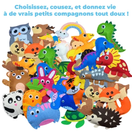 Le Kit de Couture Enfants - Porte-clés à Faire Soi-Même Sans se piquer le doigt permet aux enfants de coudre en sécurité des porte-clés animaux et objets (panda, dinosaure, lapin, carotte, hibou), et de créer d'adorables compagnons en feutrine.