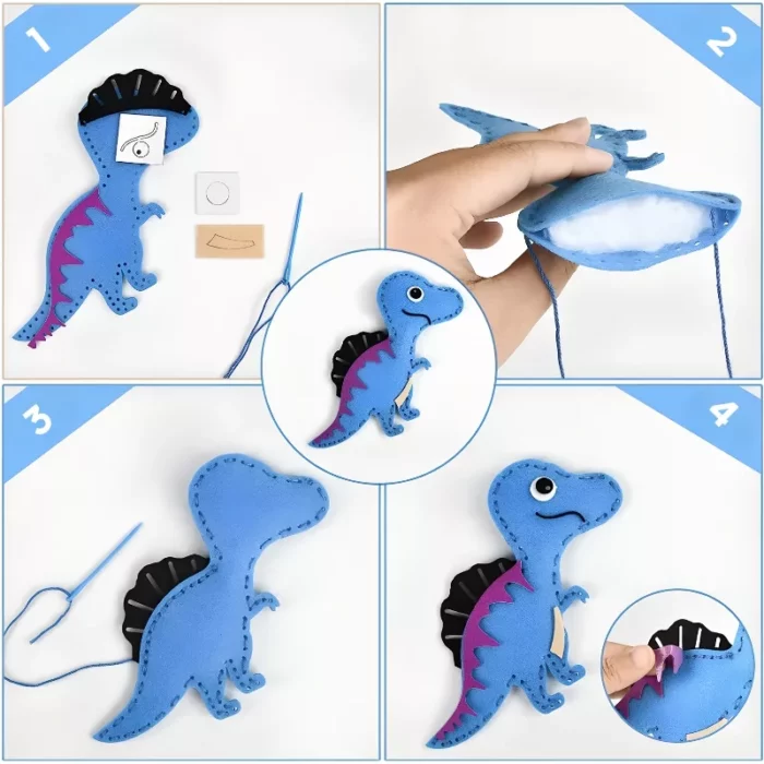 Découvrez comment réaliser un dinosaure en feutrine bleu avec le Kit de Couture Enfants - Porte-clés à Faire Soi-Même Sans se piquer le doigt, idéal pour une activité couture enfants sécurisée et ludique.
