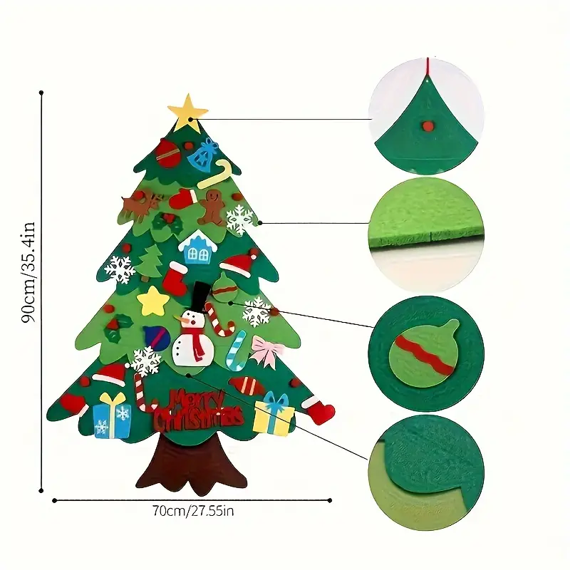 Un sapin de Noël en feutre festif, ou Sapin Noel, orné de ravissantes décorations, mesure 90x70 cm. Découvrez des gros plans d'une charmante étoile en feutre, d'un cadeau ludique et d'un ornement fantaisiste.