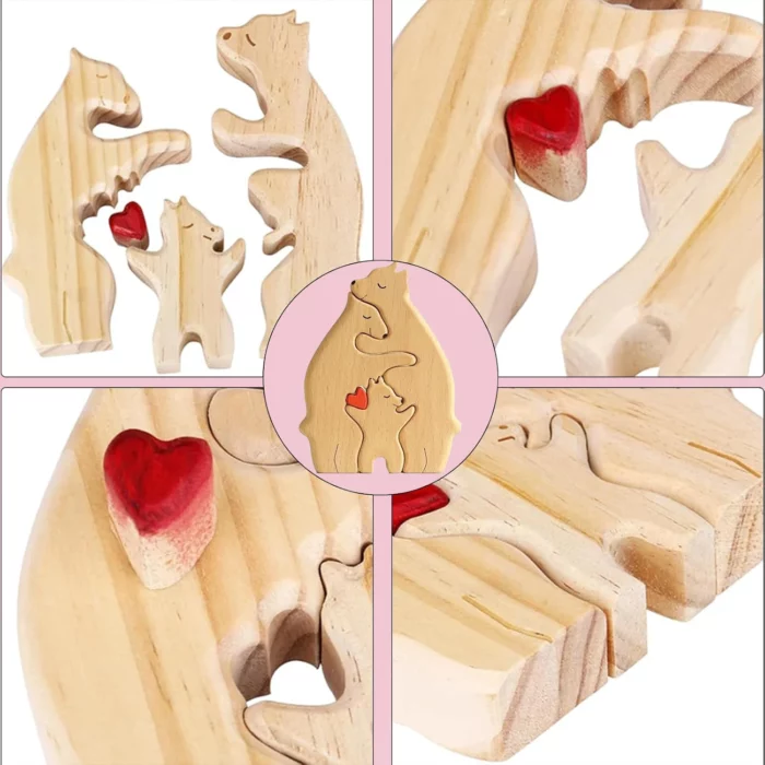 Découvrez le Puzzle Personnalisé De Famille D'ours En Bois, un puzzle en bois présentant des formes d'ours et des pièces de cœur complexes. Présentant trois images d'ours et deux motifs de cœur détaillés, le cercle central présente magnifiquement un motif d'ours et de cœur, idéal pour capturer des souvenirs précieux avec un thème Famille D'ours.