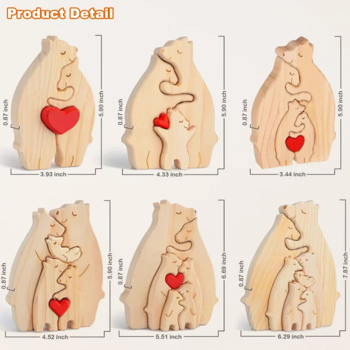 Figurines de famille d'ours en bois de différentes tailles avec des accents de cœur, présentées sous différents angles avec des mesures.