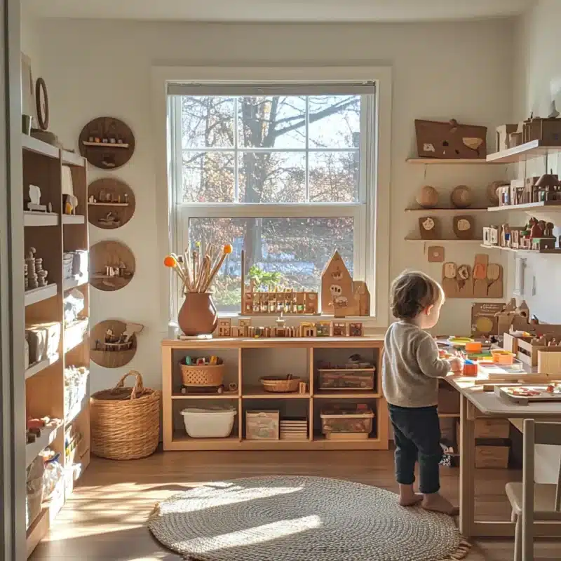 Un tout-petit se tient dans une salle de jeux ensoleillée, à propos de jouets en bois et d'étagères remplies de livres et de matériel, tandis qu'une grande fenêtre offre une vue sur les arbres.