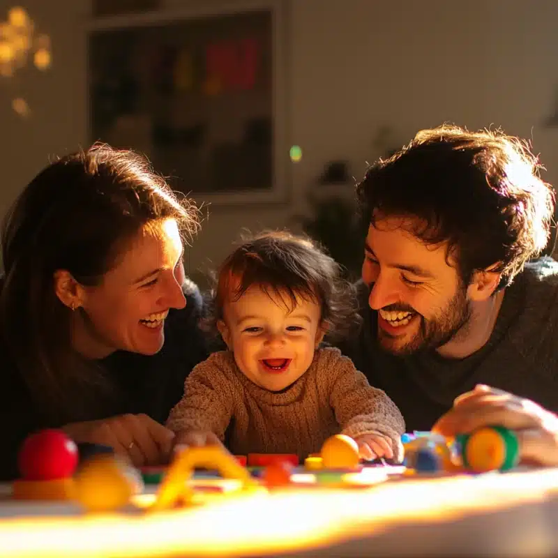 Un bambin souriant joue avec des jouets à une table, flanqué de deux adultes qui sourient également, à propos de la lumière chaude qui illumine la scène de côté.